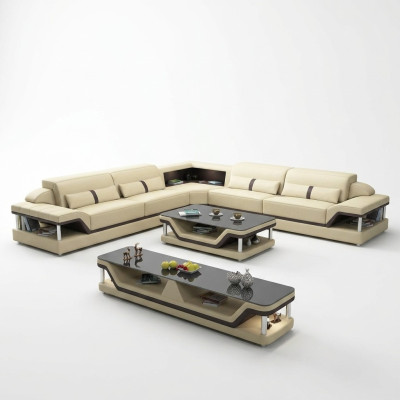 Ecksofa Schwarz mit Couchtisch 3tlg. Wohnzimmer Ledersofa Set Eckgarnitur Tisch