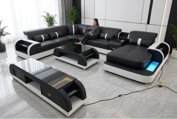 Ecksofa Polster Ecksofa U Form Couchtisch Sideboard Ledersofa Wohnlandschaft Neu