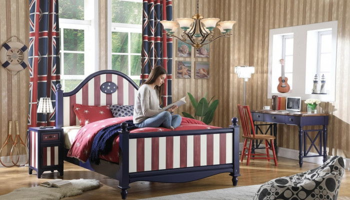 America Bett Kinderzimmer Betten Schlafzimmer Holz echtholz Möbel Blau Design