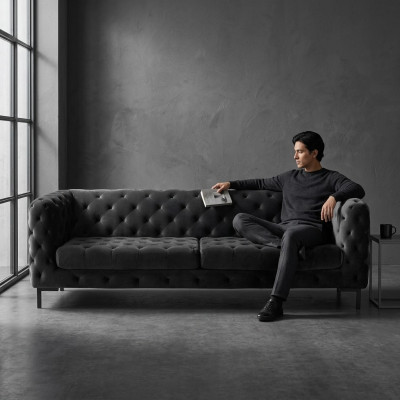 Designer Schwarzer Dreisitzer Chesterfield 3-er Moderne Couch