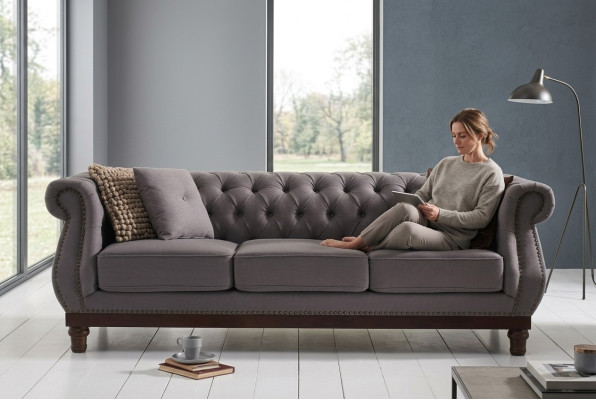Graues Chesterfield Sofa Couch Polster Stoffsofa Designer 3-Sitzer