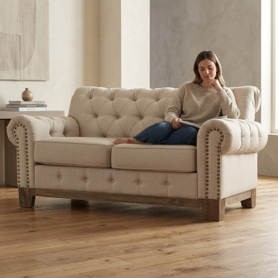 Chesterfield 2 Sitz Klassische Luxus Natur Holz Gestell Sofa Textil Leder Couch