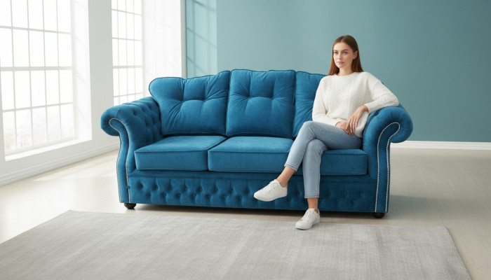Blaue Chesterfield Stoff Polster Dreisitzer Wohnzimmer Couch Design