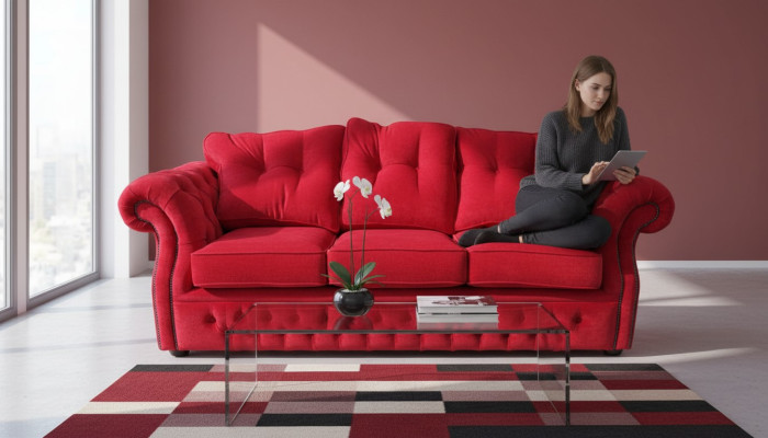 Rote Chesterfield Stoff Polster Dreisitzer Wohnzimmer Couch Design