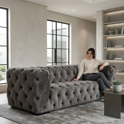 Grauer Chesterfield Dreisitzer Couch Gepolsterter Stil Möbel