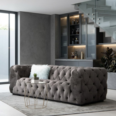 Grauer Chesterfield Dreisitzer Couch Gepolsterter Stil Möbel