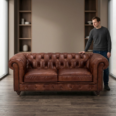 Chesterfield 2 Sitzer Klassische Luxus Barock Rokoko Sofa Braun Leder Couch Neu
