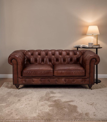 Chesterfield 2 Sitzer Klassische Luxus Barock Rokoko Sofa Braun Leder Couch Neu
