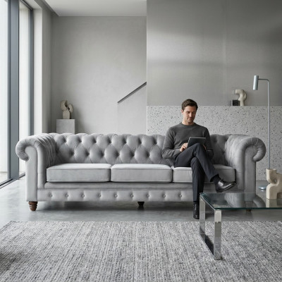 Chesterfield 5 Sitzer Klassische Luxus Sofa Textil Leder Couch Silber Couchen
