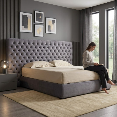 Bett Polster Design Luxus Doppel Hotel Betten Zimmer Chesterfield Grau Samt Neu