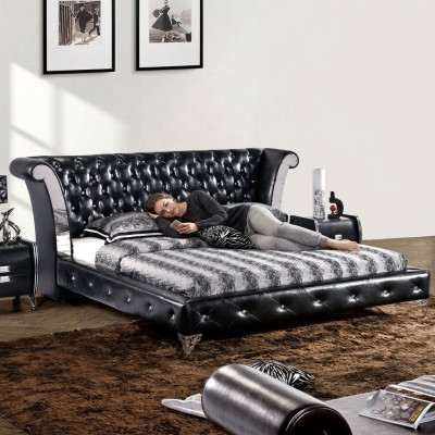 Nerezová ocel Luxus Chesterfield Kožená postel Dvojitá potahová postel Designer Postele Hotel