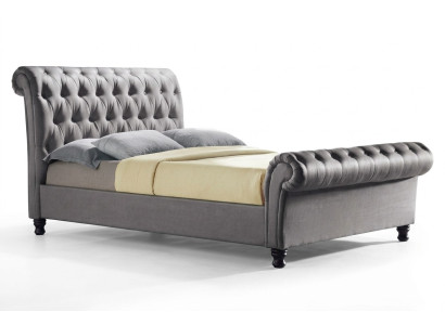 Šedá postel Chesterfield z dvojitých kůží - Luxusní designová postel do ložnice.