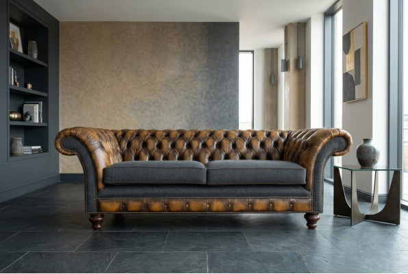 Design Chesterfield Sofa 3 Couch Sofa Set Stoff Polster Leder Dreisitzer