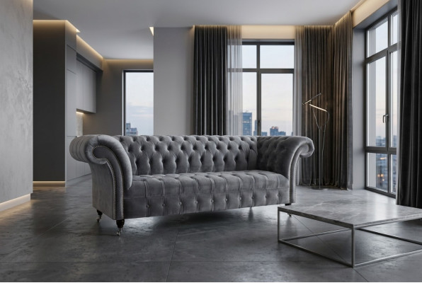 Moderní šedý třímístný šedý Chesterfield stylizovaný obývací pokoj 3místná pohovka