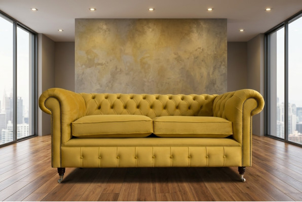 Žlutý gauč Chesterfield s dvěma sedadly, designový obývací pokoj 2-er.