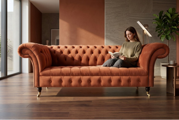 Luxus Oranger Chesterfield 3-Sitzer Designer Wohnzimmer Couch