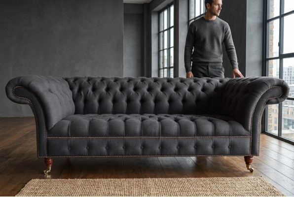 Grauer Chesterfield Dreisitzer Luxus Wohnzimmer 3-er Couch