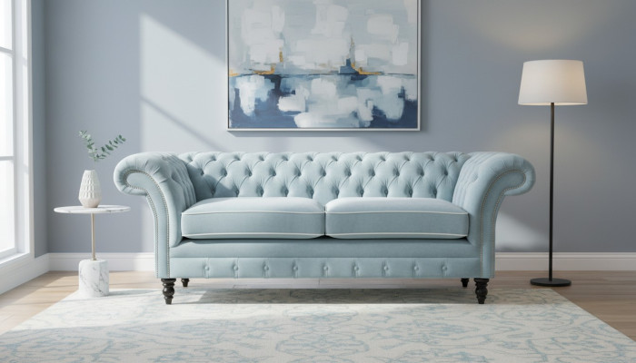 Hellblauer Moderner Chesterfield Dreisitzer Wohnzimmer Luxus Couch
