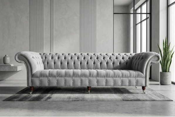 Klassische Chesterfield Sofa 4 Sitzer Sofas Couchen Leder Grau Design Polster