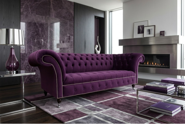 Chesterfield Originální Pohovka Pohovka Textilní Pohovky Lila 225cm Pohovky