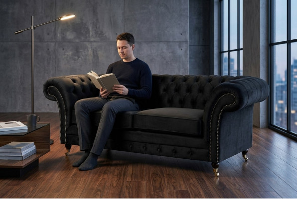 Chesterfield Original Sofa JVMoebel Textil Sofas Couchen Stoff Grau 185cm Couch