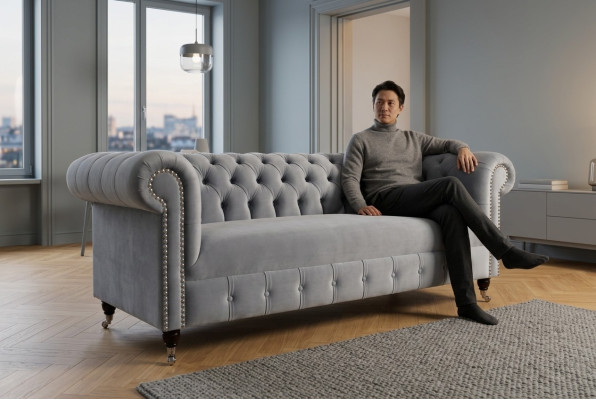 Grauer Polster Chesterfield 3-er Modernes Wohnzimmer Sofa