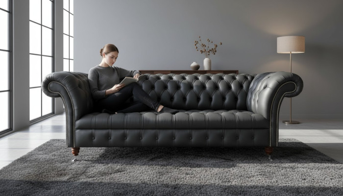 Sedačka Chesterfield z šedé kůže, designový třísedadlový gauč