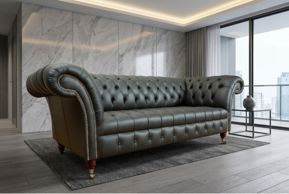 Sedačka Chesterfield z šedé kůže, designový třísedadlový gauč