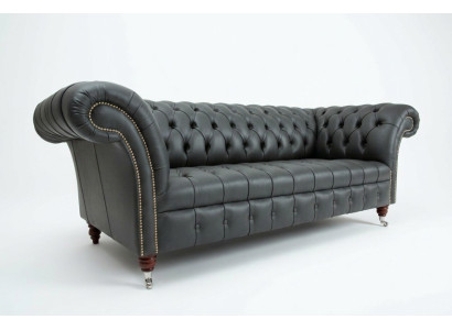 Sedačka Chesterfield z šedé kůže, designový třísedadlový gauč