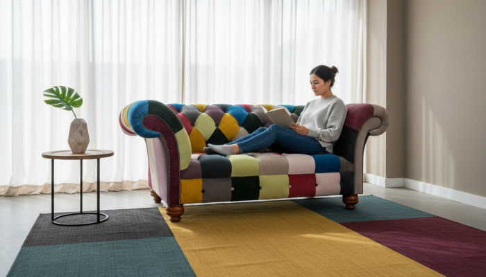 Modern Design Bunter Chesterfield 2 Sitzer Sofa Textil Couch Polster Design