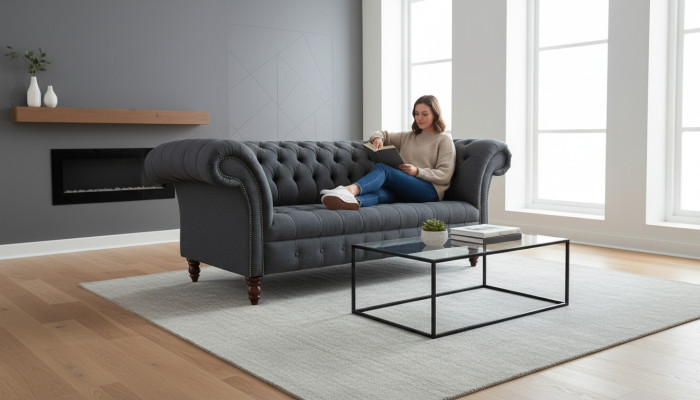 Graues Textil Sofa Grauer Chesterfield Dreisitzer Luxus Wohnzimmer Couch
