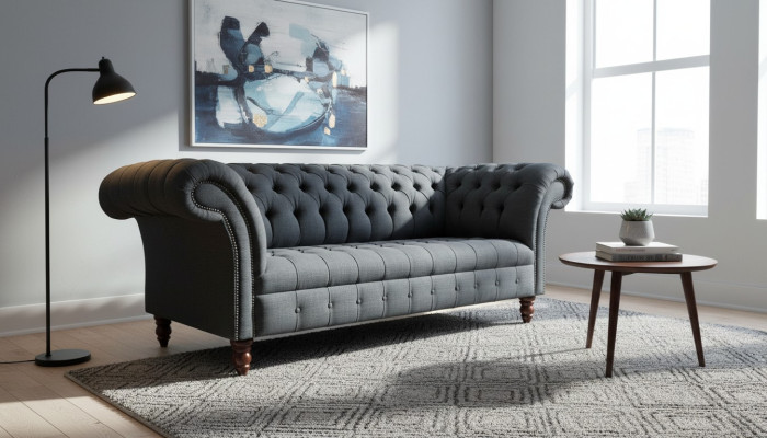 Graues Textil Sofa Grauer Chesterfield Dreisitzer Luxus Wohnzimmer Couch