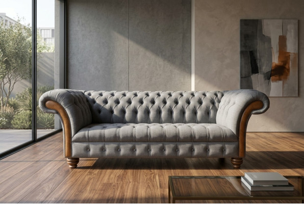 Edler grauer Chesterfield Dreisitzer Luxus Wohnzimmer 3-er Sofa