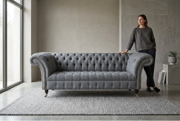 Grauer Textil Chesterfield Dreisitzer Luxus 3-er Couch Designer Sofa