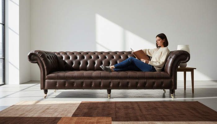 Hnědá pohovka Chesterfield s 4 polštáři, designový obývací pokoj pohovky