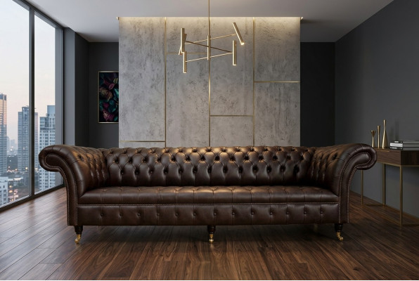 Hnědá pohovka Chesterfield s 4 polštáři, designový obývací pokoj pohovky