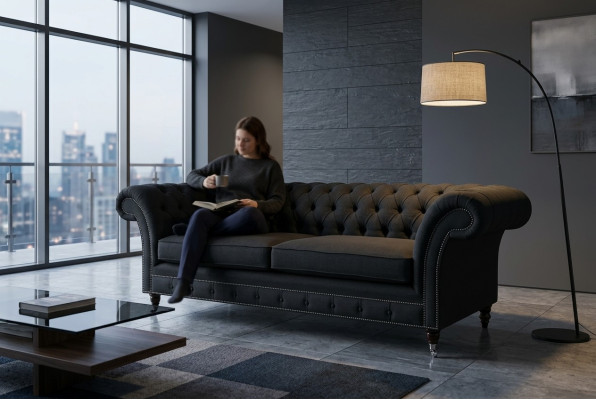 Schwarzer Moderner Dreisitzer Chesterfield Luxus 3-er Sofa