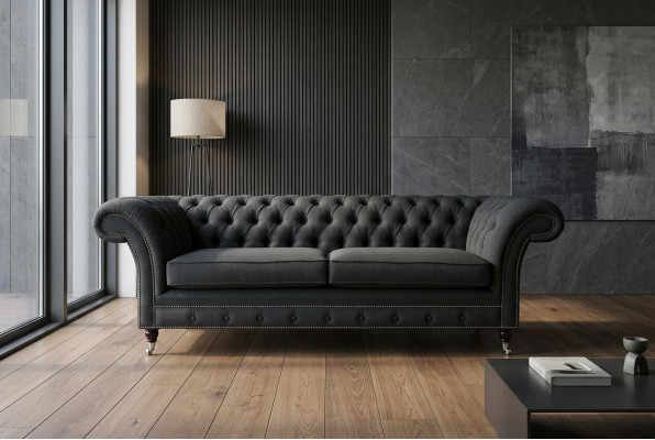 Schwarzer Moderner Dreisitzer Chesterfield Luxus 3-er Sofa