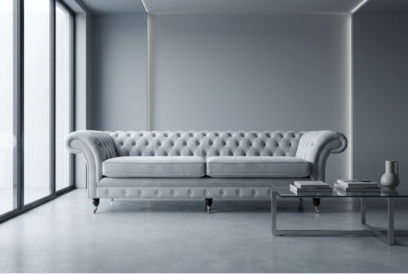 Grauer Chesterfield 4 Sitzer Polster Couch Modern Stil Samt Textil Stoff Sofa
