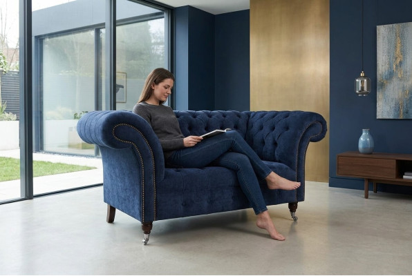 Křeslo Chesterfield pohovka čalounění sedačka gauč 1,5sedadlové jednomístné modrý textil