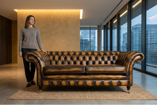 Noble Chesterfield hnědý třísedadlový luxusní čalouněný gauč designérské pohovky.