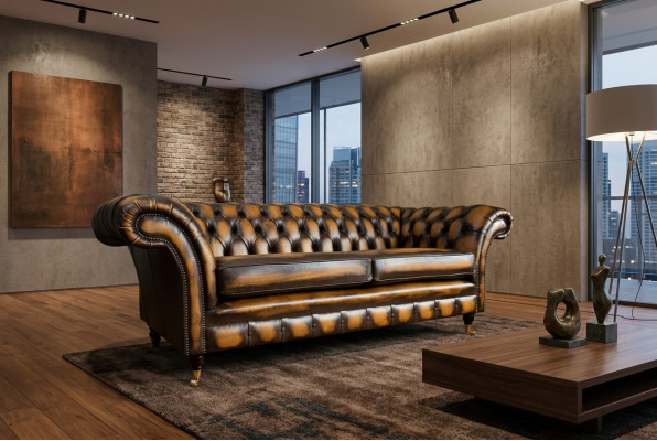 Noble Chesterfield hnědý třísedadlový luxusní čalouněný gauč designérské pohovky.