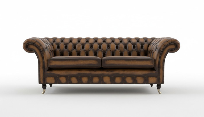 Noble Chesterfield hnědý třísedadlový luxusní čalouněný gauč designérské pohovky.