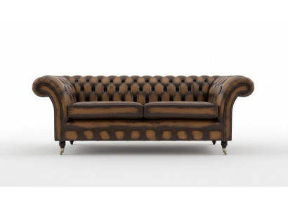 Noble Chesterfield hnědý třísedadlový luxusní čalouněný gauč designérské pohovky.