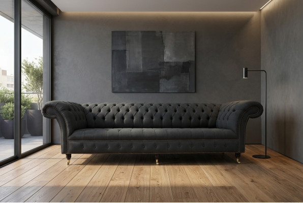 Schwarze Chesterfield Textil Leder Sofa Couch Polster Big Sitzpolster xxl 265cm