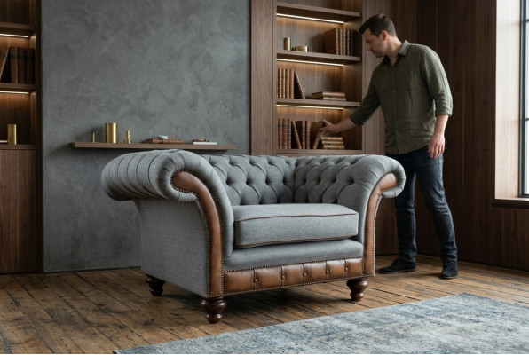 Chesterfield Design Stoff Couch Sessel 1.5 Sitzer Polster Sofas Lounge Samt Grau