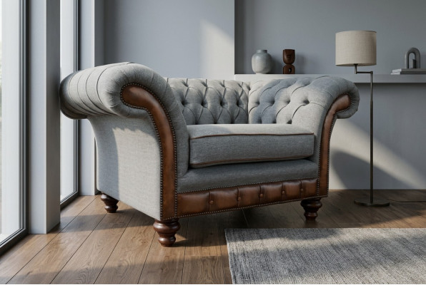 Chesterfield Design Stoff Couch Sessel 1.5 Sitzer Polster Sofas Lounge Samt Grau