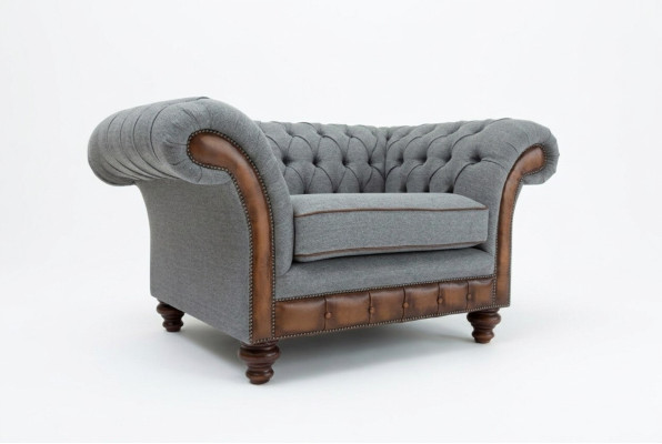 Chesterfield Design Stoff Couch Sessel 1.5 Sitzer Polster Sofas Lounge Samt Grau