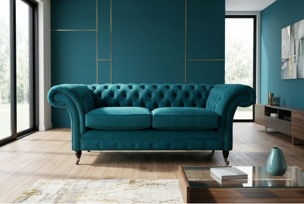 Chesterfield Sofa 2er Polster Designer Couchen Sofas Garnitur Türkis Samt Neu