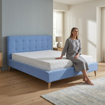 Chesterfield sametová dvoulůžková postel s dvojitým designem, luxusní design postele, modré, nové.